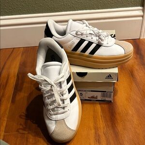 Adidas White Sneakers with Black Stripes and Platform Tan Sole